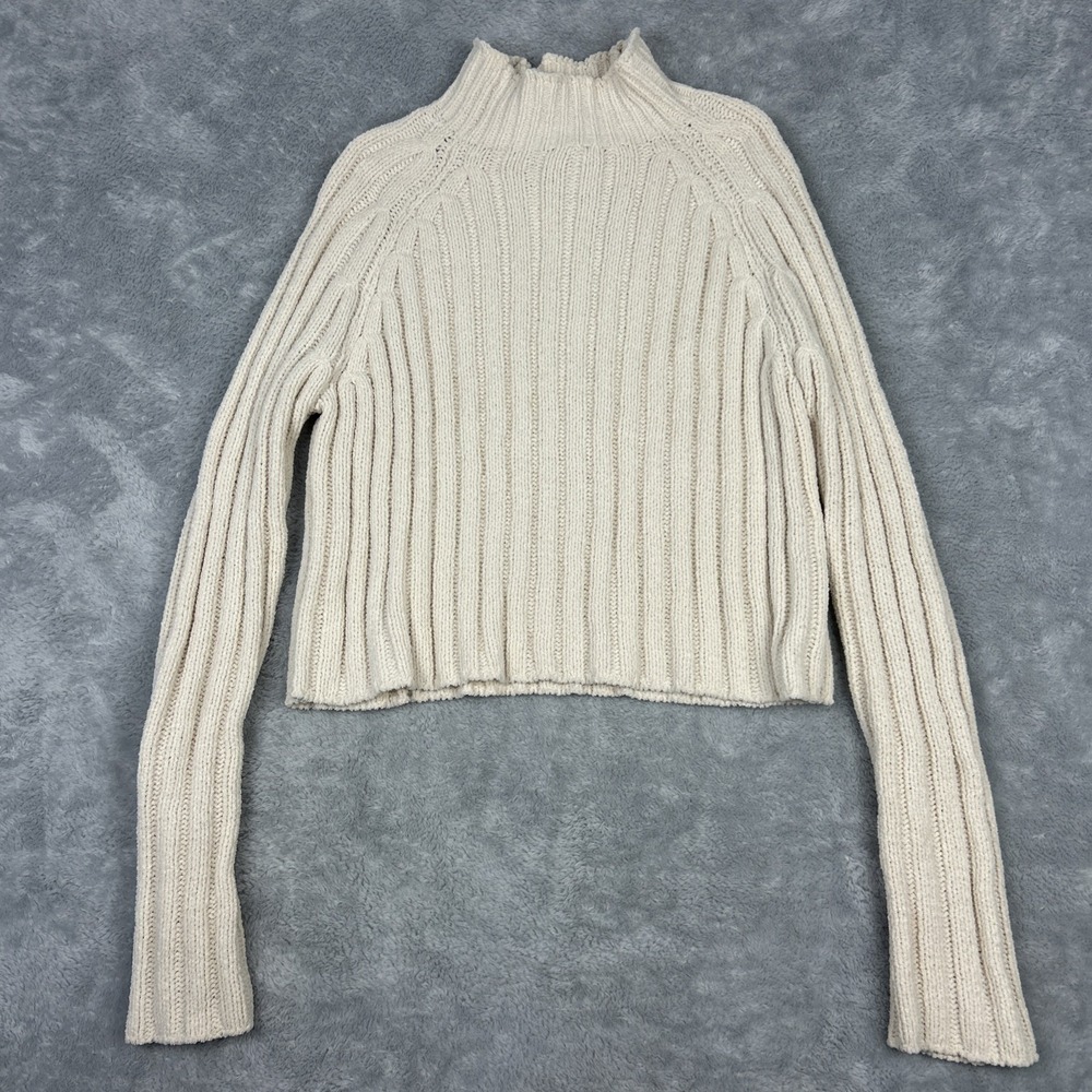 American Eagle Fisherman Sweater Womens M White Mock Neck Rib Knit Long Sleeve